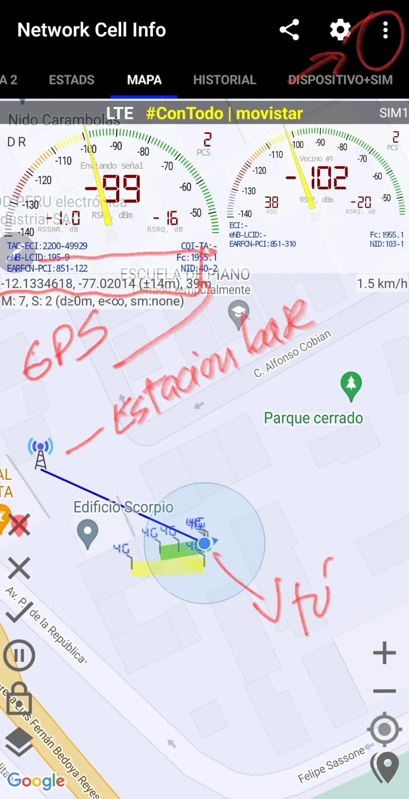 Pestaña Mapa mostrando la estación base más cercana